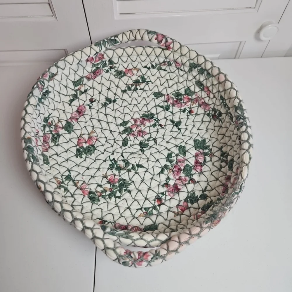 Vintage Braided Rag Rug Basket with Handles - Floral White Pink Green Tan